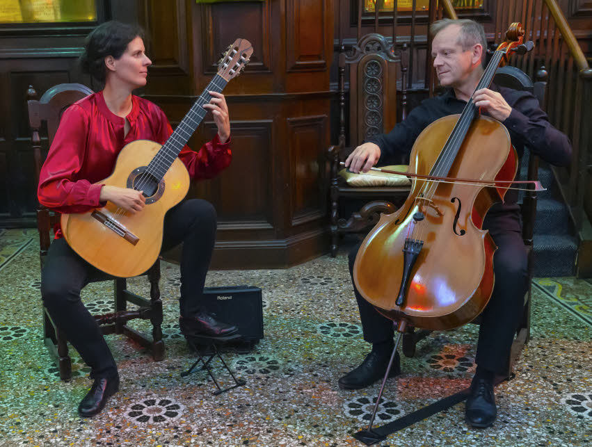 The two musicians performing in the Unitarian Church, Shrewsbury