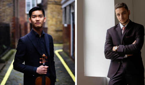 A montage showing Anthony Poon standing in a street holding his violin and Galin Ganchev, indoors, standing with arms folded