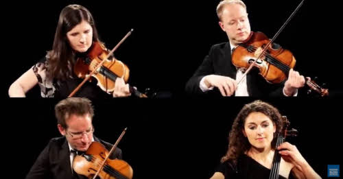 A montage of the four players, each viewed from the front and playing their instruments against a black background