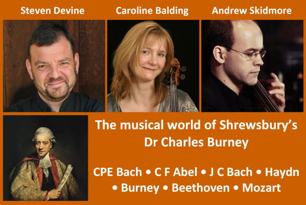 A montage of the three performers, together with a portrait of Dr Charles Burney, along with the concert title and composers