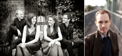 A composite image with the Carducci String Quartet seated and looking at each other, then another of pianist Simon Callaghan, looking at the camera