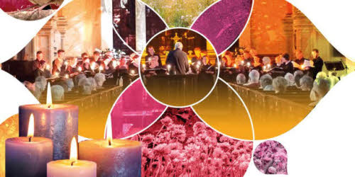 A decorative composite image featuring lit candles, flowers and the choir in performance