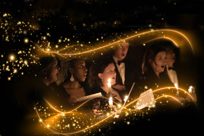 Some of the choir, lit by candlelight, are signing. The image is overlaid with a sparkle effect.