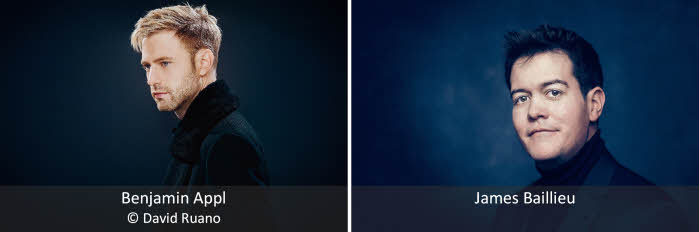 A composite image of the two performers, each in dark clothing against a dark background with their faces highlighted