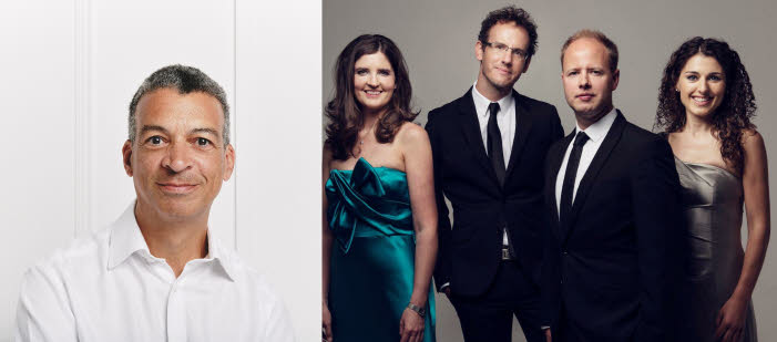A montage with a head-and-shoulders picture of Roderick Williams and a group picture of the quartet in formal wear.