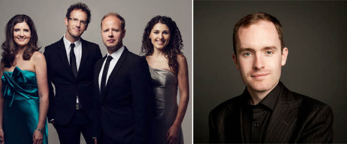 A montage of two images, one with the Carducci Quartet standing in formal dress, the other a head-and-shoulders image of Simon Callaghan.