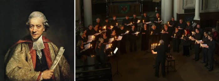 A combined image showing a protrait of Dr Charles Burney and Ex Cathedra choir in candlelit performance at St Chad's Church, Shrewsbury.