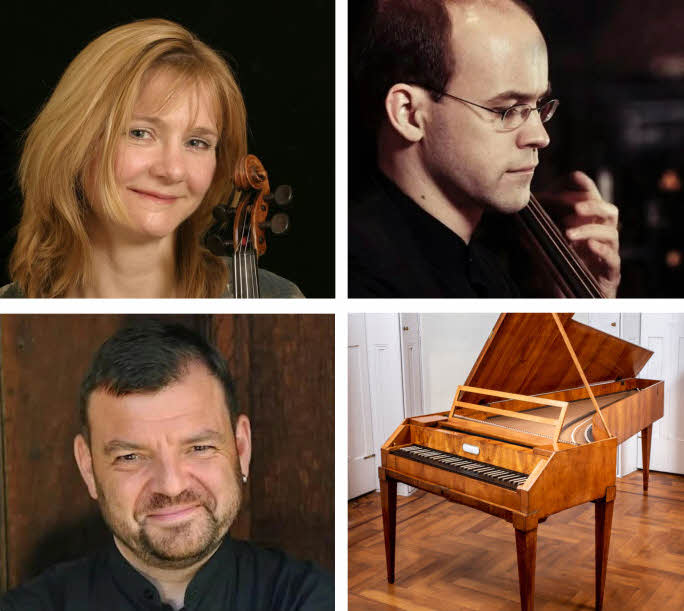 A 2-by-2 montage with headshots of Caroline Balding, Andrew Skidmore, Steven Devine and a wooden keyboard instrument.